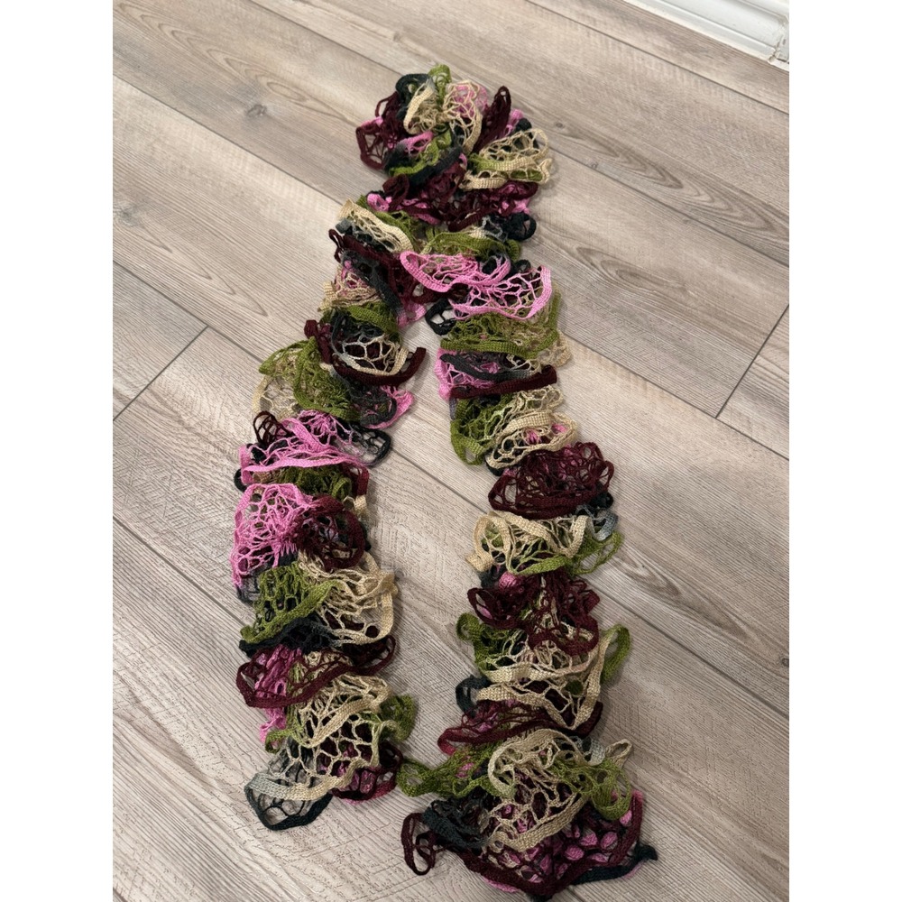 Y2K Lightweight Colorful Ruffle Scarf Open Knit Crochet Pink Green Tan Burgundy